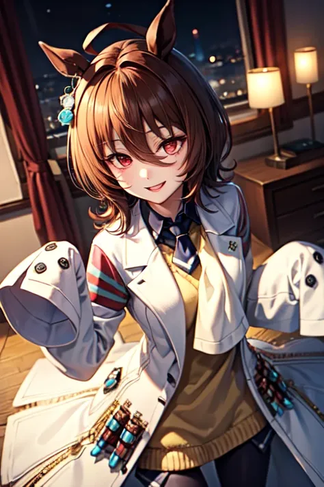  Agnes Tachyon 、Horse Girl、One person、 girl、Horse ears、Horse tail、 earring on one side 、Red eyes、 lines in eyes 、 shorthair、 brown hair 、Jacket、（White coat:1.2)、(bigger sleeve than wrist :1.1)、 yellow big sweater、 ties、 black pantyhose 、Stray hair、best qua...