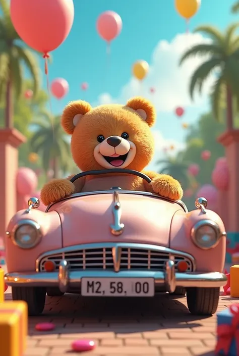 Teddy bear driving a cool modern convertible car, gifts, colour ribbons, balloons, festive summer, toys for s. Bright colours, happy, 4K, realistic, cinematic 