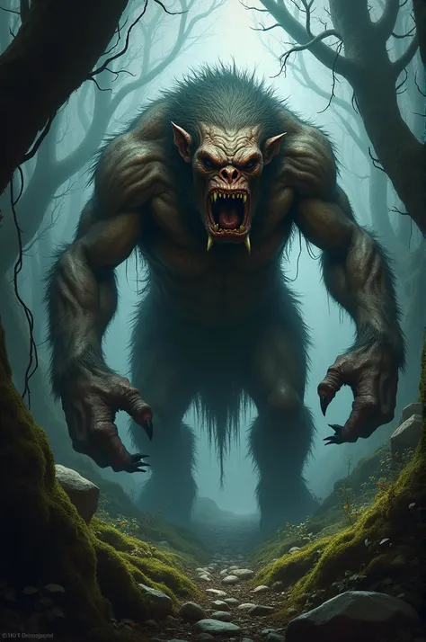 Fantasy, monster, troll, scary, ugly, background: forest,