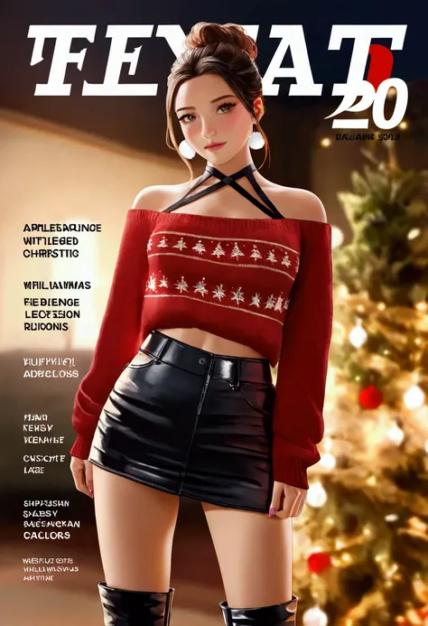 A cute woman, 20 years old, hair up in a fancy style, wearing a leather miniskirt with light up reindeer on the hips, a fluffy white halter top Christmas decorated sweater, and hard leather boots with light up Christmas designs, sassy diva poses, magazine ...