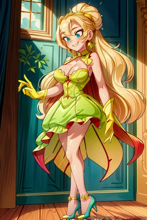 (masterpiece, best quality), 1girl, red and green frill dress, blonde long hair, blue eyes, standing, indoor, intricate detail, sunlight,  green high heel shoes, yellow gloves, earrings, smile, sexy pose, coquette, gorgeous legs, mature woman body, lovely,...