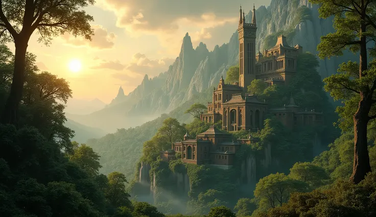 create a fantasy scene  , movie image of an elven city built among forest trees, An elven city of Lorhorien built in the forest, there are many houses built in the huge ancient forests , there are elven towers, A huge, elven fortress built on a hill near t...