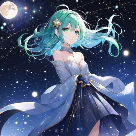 star_(null), starry_null,  knight _null,  knight ,  1 girl , chest, shooting_star, null間, null, Milky_way, length_hair, starry_null_printing, light_particle, Alone, Water Play, green_eye,  Aurora,  watching _in_ viewer, gem, winer,  dress, starry_backgroun...