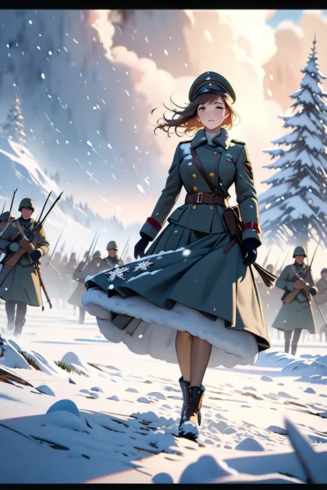 a lone female german soldier walking through a snowy winter battlefield, beautiful and fantastical winter battlefield scene, snowflakes dancing beautifully in front of the camera, (masterpiece, best quality, 4k, 8k,:1.5) ultra-detailed,High quality 3D rend...