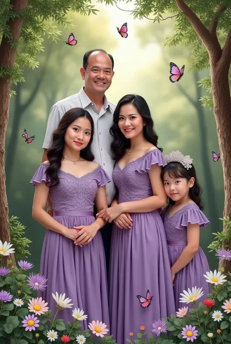 Realisitic shiny glossy white purple with green  trees and Family pictures witha father and mother and  1 man and 4 beautiful woman Realisitic shiny glossy red with green and  beautiful pilipino couple inside ,smile faceand clear skin wearing purple dress,...