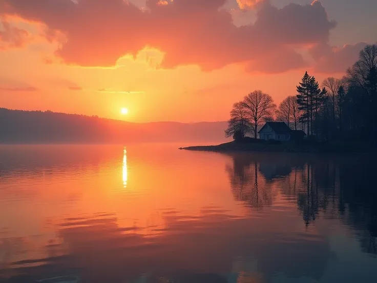 Beautiful view of the lake at sunrise. The sky is a gradient of orange, red and pink. The sun is partially visible in the upper left corner. The sun is rising above the horizon, casting a warm glow on the water. The lake is calm and still, reflecting the c...