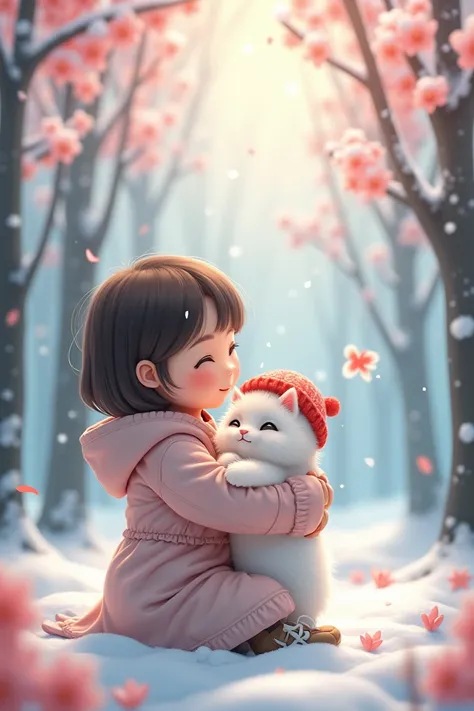 someone holding a small white cat in a snowy forest, smol fluffy cat wearing smol hat, lovely and cute, cute digital art, cute and adorable, adorable and whimsical, cute detailed digital art, 8k)), adorable digital painting, magical scene, accurate depicti...