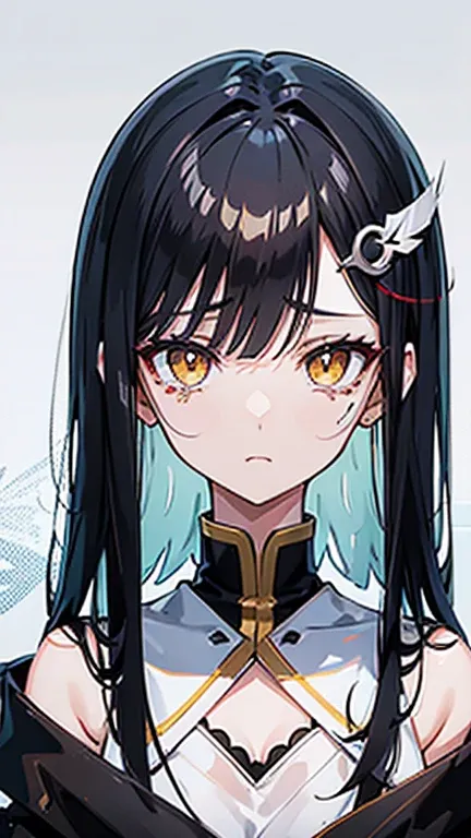 Two-tone hair, white hair, black hair, ahoge, shiny hair, straight hair, feather hair ornament, mole under eye, mismatched pupils, tears, yellow eyes, sad, crying, anime, Post-Impressionism, anime style, character chart, omake, tachi-e, from above, UHD, re...