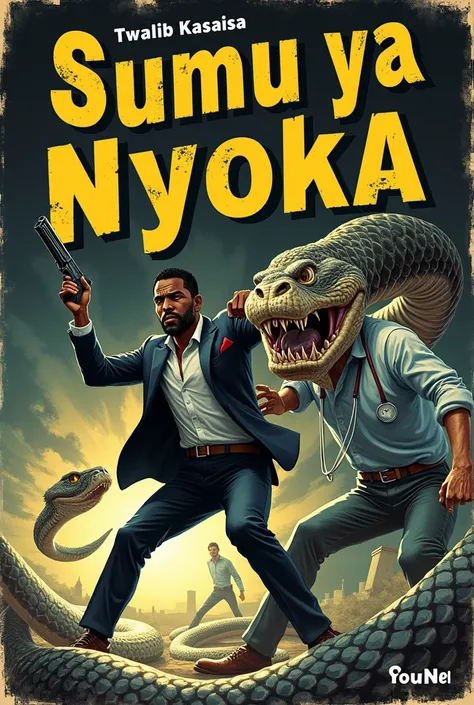 A fine book cover with a huge coiled snake and a small picture of a black man with a gun and an old man in a doctors uniform fighting in the middle. The tittle is SUMU YA NYOKA, and the author is Twalib Kasaisa