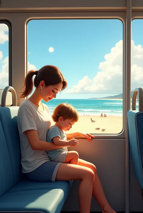 can you make a picture of a women with a  aged two sitting on a bus with the beach in the background 