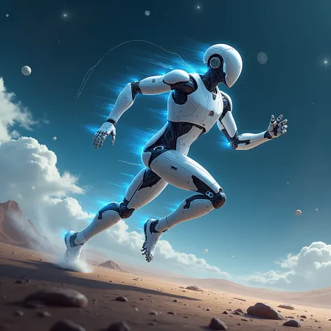 human like a robot running, sideways, with technology lines on galaxy, blue color and power is speed