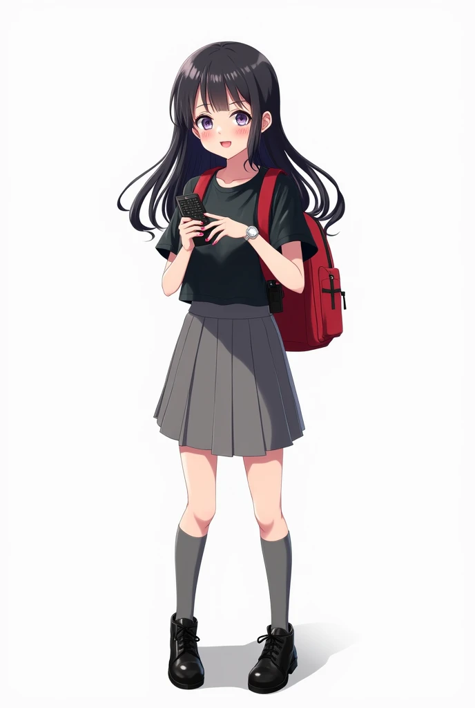 Teenage woman looking forward and black hair standing in front and her legs and wearing black leather shoes and knee-length gray socks And short sleeve leather t-shirt with white watch and with red backpack and black shoulder straps pink nails gray skirt a...