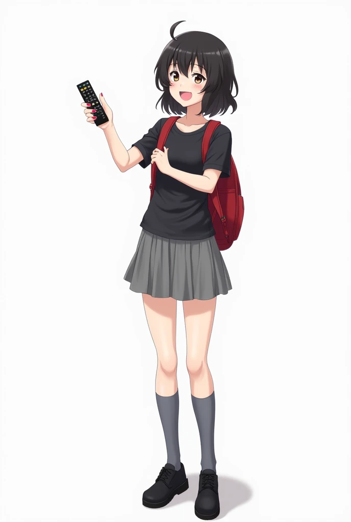 Teenage woman looking forward and black hair standing in front and her legs and wearing black leather shoes and knee-length gray socks And short sleeve leather t-shirt with white watch and with red backpack and black shoulder straps pink nails gray skirt a...