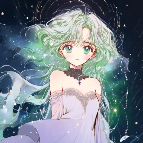 star_(null), starry_null,  knight _null,  knight ,  1 girl , chest, shooting_star, null間, null, Milky_way, length_hair, starry_null_printing, light_particle, Alone, Water Play, green_eye,  Aurora,  watching _in_ viewer, gem, winer,  dress, starry_backgroun...