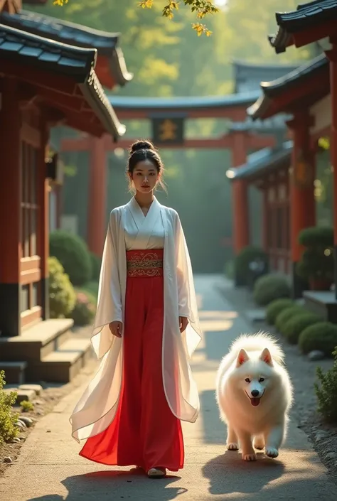 A Japanese actress, a beautiful woman wearing a shrine maiden costume, is walking around the shrine with her cute white Samoyed dog