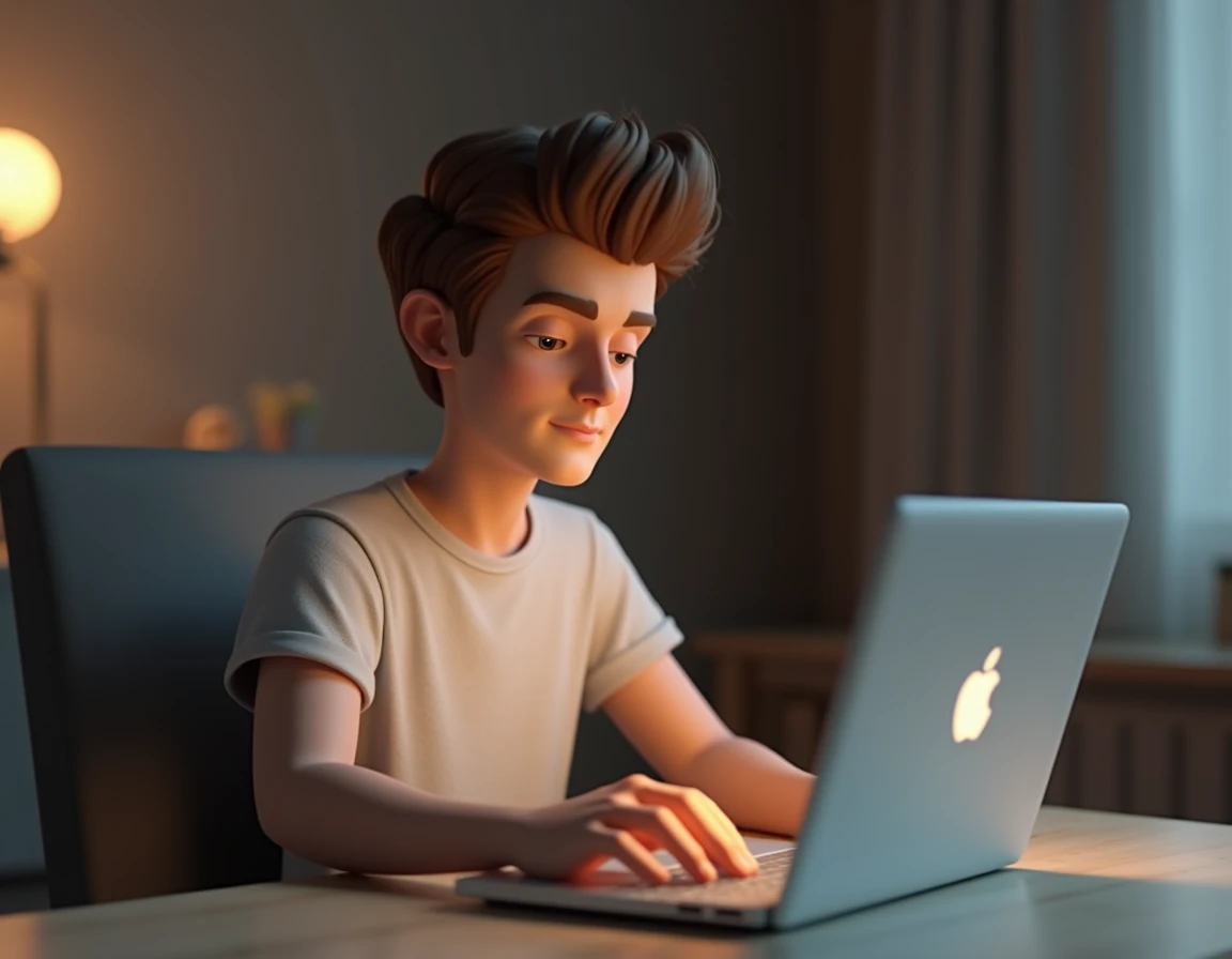 a behind the shoulder view of a minimalistic 3d character of a man who is sitting in his house working on his laptop, he must be wearing a t-shirt, the view from the camera is behind the shoulders of the man.