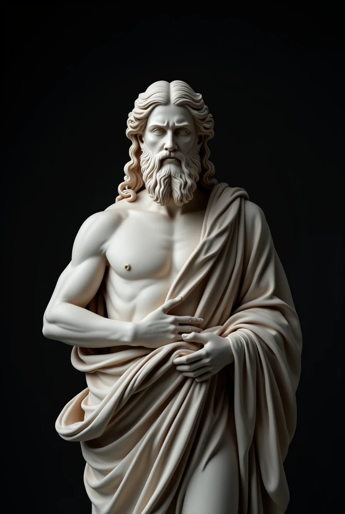 A STOIC GREEK SCULPTURE OF AN ADULT MAN MADE OF MARBLE, LONG BEARD AND HAIR, BLACK BACKGROUND, 4k