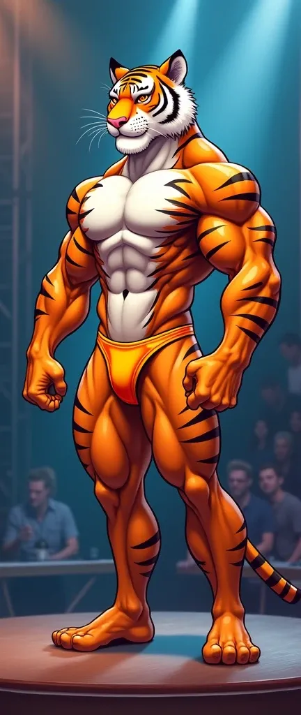 Cartoon Furry Tiger Male Bodybuilder Wearing Bikini Panties Side Chest Pose on Bodybuilding Contest Stage Height 163cm 