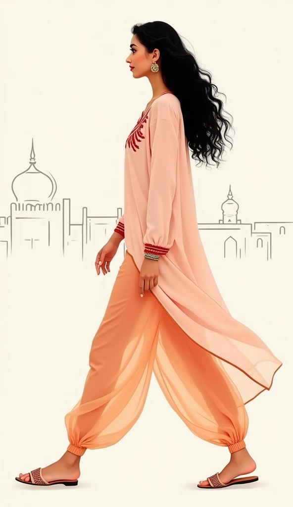 minimalist fashion illustration, side view, full body portrait of a gorgeous pakistani slim busty woman walking, full lips, pakistani ornaments, long wide thick curly black hair,  sheer light orange loose thin transparent pants, lahore old town skyline out...