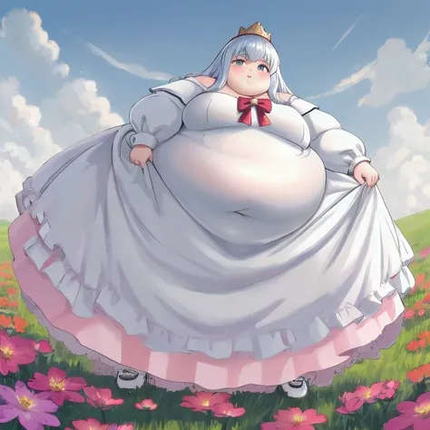 Beautiful Queen, obesity,  very large body , Belly protruding, Wear a bow ,  white princess dress, full body,
Field and flowers in the background ,
 achromatic ,
masterpiece,  ultra high res against a flat background,  High Quality ,