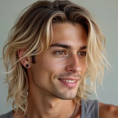 Cute hot sexy light tan skin guy 29 years with bleach blonde with burgundy rosy highlights wavy thick long-length hair, his hairstyle is long messy curtains and His big brown thin almond shaped big eyes. I want his side profile with his low bridge button n...