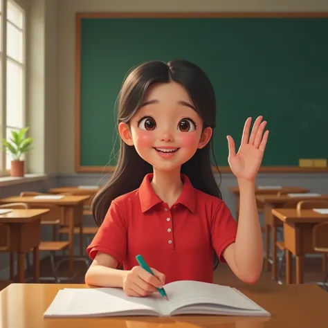 Please create a picture of a  Vietnamese girl wearing a red polo shirt, sitting in a classroom setting, raising her hand, with a cheerful expression