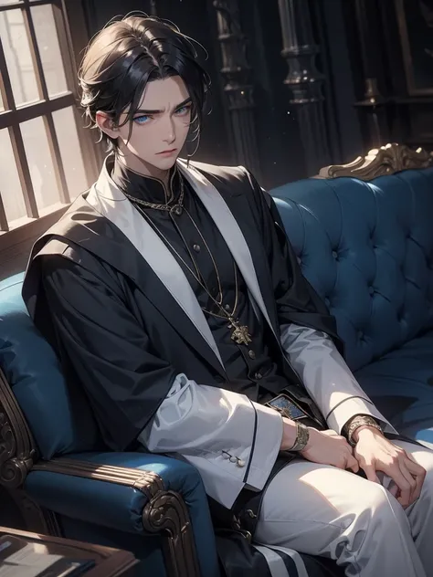  handsome and cool adult male character 。His hair is short, black, 、 subtly shimmers in shining light 、 x } It gives it a cool and impressive appearance 。 his face is mature and determined 、 his nose is straight and his jaw line is angular 、 has sharp and ...