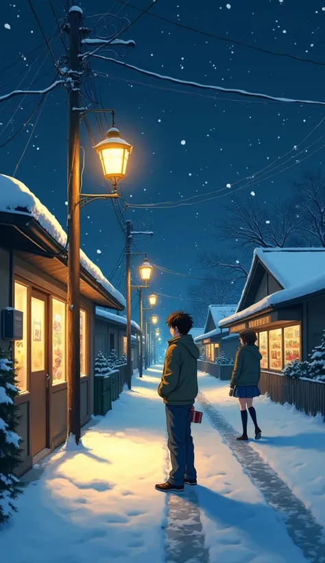 A quiet Christmas night in a small Japanese town, covered in freshly fallen snow. The streets are lined with glowing lanterns and soft Christmas lights, creating a serene yet melancholic atmosphere. A high school boy stands alone under a dimly lit lamppost...