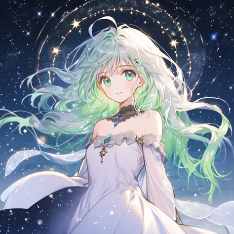 star_(null), starry_null,  knight _null,  knight ,  1 girl , chest, shooting_star, null間, null, Milky_way, length_hair, starry_null_printing, light_particle, Alone, Water Play, green_eye,  Aurora,  watching _in_ viewer, gem, winer,  dress, starry_backgroun...