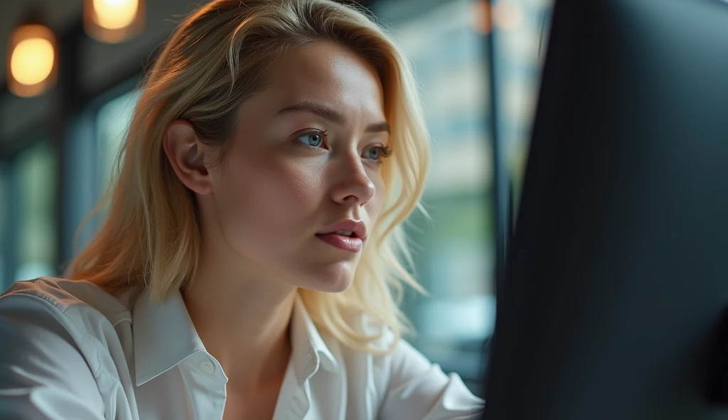 Prompt: remote coach worker with computer, a side portrait of blonde woman face character, super realistic, half length shot, sharp focus, elegant and a box with the brands logo that reads REHZA