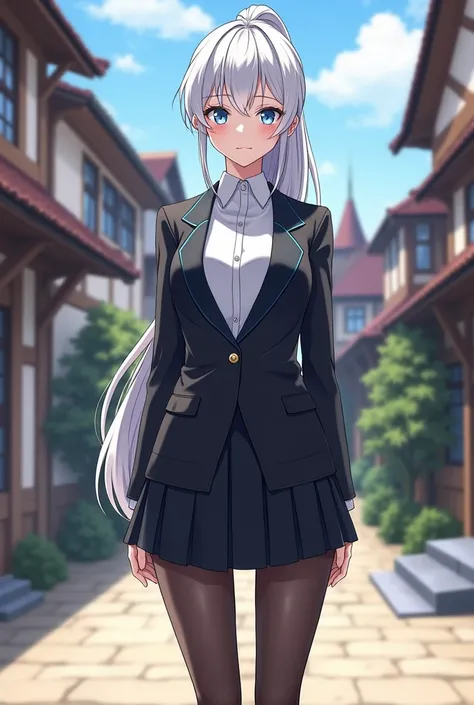 A character in anime style, a 16-year-old young woman, stands confidently in the courtyard of a medieval fantasy academy. Her long, snow-white hair is pulled back into a sleek ponytail, cascading down her back. Her sapphire blue eyes sparkle with determina...