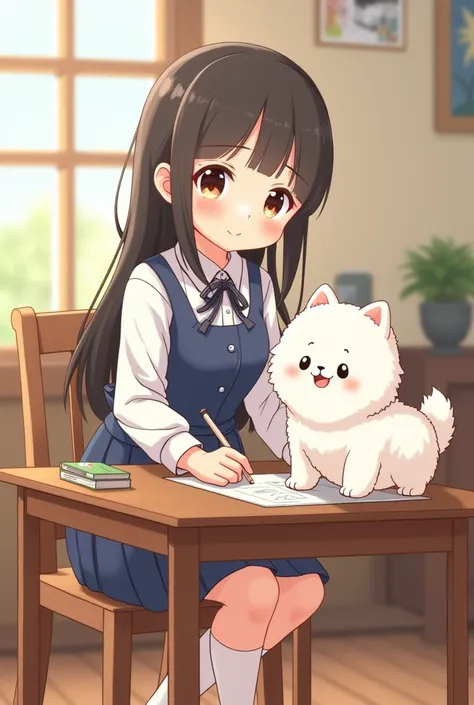 Japanese actress, beautiful woman, and school teacher (Chibi character 1.3)  A cute white Samoyed dog is taking classes( desk and chair )