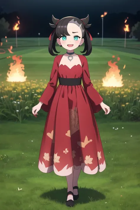 masterpiece, best quality, highres, hmmarnie, aqua eyes, black choker, red ribbon, gown, jewelry, open clothes, long sleeves, cowboy shot, standing, field, smile, open mouth, Full body , full body art , black and dark red outfit , gown with flame patterns ...