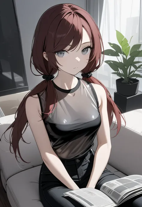 (masterpiece, best quality), solo, 1 expressionless girl, looking to the side, beautiful face,  ((Gray eyes, Dark red hair, swept bangs, low twin tails)), hair scrunchie, ((transparent black sleeveless shirt, black jeans)), small breasts, slightly toned ar...