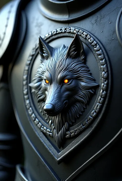  Create an image of a signet of a legendary creature , This creature is the wolf of the moon , This signet must be a detail in an armor and the sinthe must contain the wolf of the Moon and between its ears the 4 phases of the Moon 