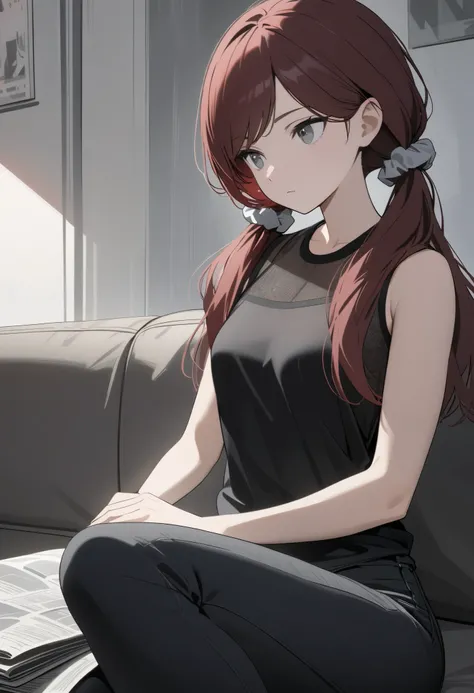 (masterpiece, best quality), solo, 1 expressionless girl, looking to the side, beautiful face,  ((Gray eyes, Dark red hair, swept bangs, low twin tails)), hair scrunchie, ((sheer black sleeveless shirt, black jeans)), small breasts, slightly toned arms,sit...