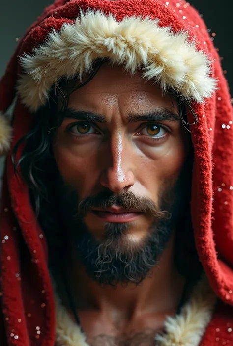 a jesus figure in a santa claus outfit, detailed portrait,beautiful detailed eyes,beautiful detailed lips,extremely detailed face,longeyelashes,santa claus costume,realistic,photorealistic,photo-realistic:1.37,best quality,8k,highres,masterpiece:1.2,ultra-...