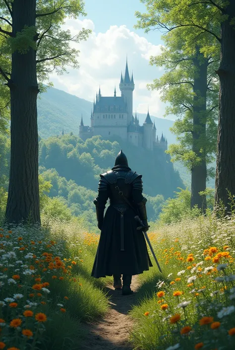 Dark Fantasy : Knight walking. | Background : Bright Sun, Flowers, Taiga Trees, Castle