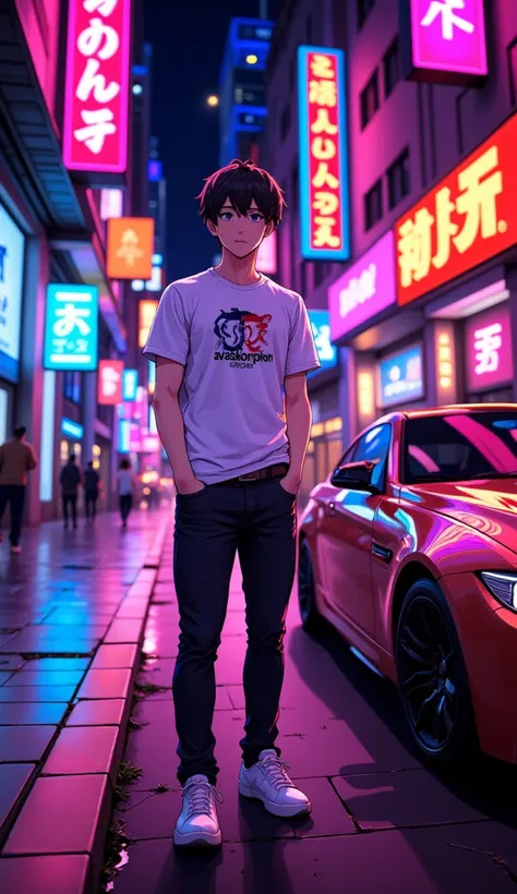 anime парень, road, sidewalks , city ,  Text on t-shirt  : AvasKorpion , neon, neonовый контур,, Night.anime,  stands in front of the camera ,  стиль anime, 2d,  leaned on a BMW car