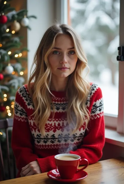 beautiful girl with blond long hair, wearing a red xmas sweater, seating  on table with red color coffee cup with hot coffee, smoke comes out of the cup, background open window, seen  full of winter xmas trees forest, xmas feeling atmosfther, 