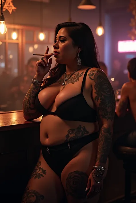 Chubby girl Ive become very big , tattooed,  smoking a cigarette in a bar