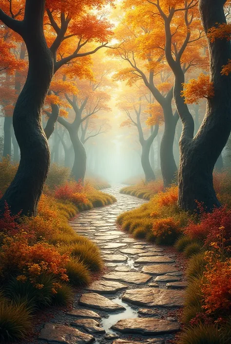 a neatly arranged stone path surrounded by wild grass and large trees with curved and twisting branches. The leaves on these trees are colorful, reflecting autumn with colors such as yellow, orange, and red. The path appears wet, perhaps after rain, with p...