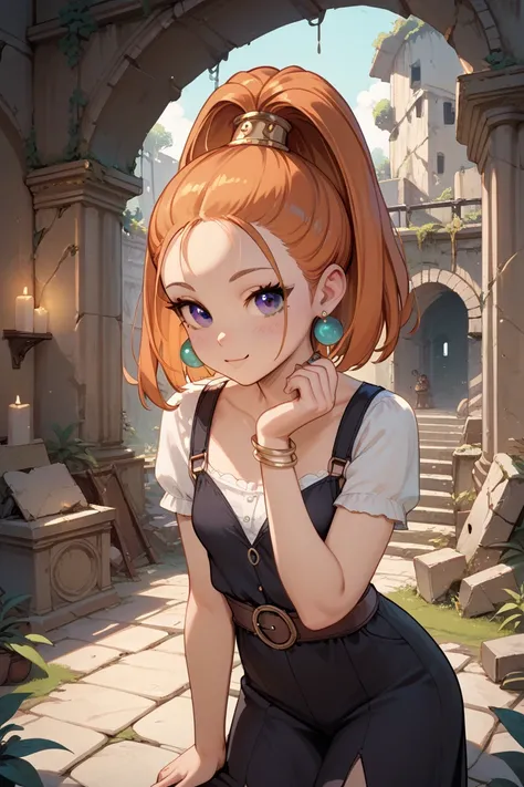 dqbbra, 1girl, orange hair, high ponytail, long hair, purple eyes,  small breast,
earrings, jewelry, witch, ruins, cute, NSFW,
