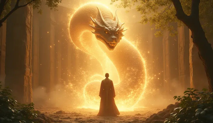 Golden light bursts from the serpent’s body, surrounding both Anayra and the serpent. The serpent’s massive form starts dissolving into radiant sparks, revealing a young prince in regal attire standing in its place. The forest and ruins begin to glow with ...