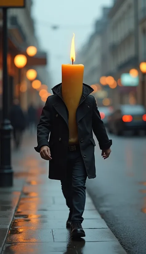 Creative street photography from an unexpected random angle was taken by paparazzi, an anthropomorphic humanoid candle is walking along a city street, a wick is burning on top of an anthropomorphic humanoid candle, full body, full pose, high depth of field...