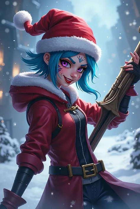 detail image of Jinx from "Arcane League of Legends" wearing a santa hat holding a weapon