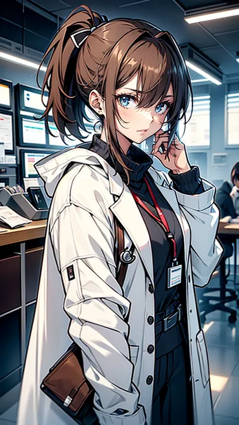 “A woman in her early 30s with shoulder-length brown hair tied back in a neat ponytail. She wears a white medical coat over casual clothing, with a small stethoscope around her neck. Her face is kind but shows signs of stress and exhaustion, with dark circ...