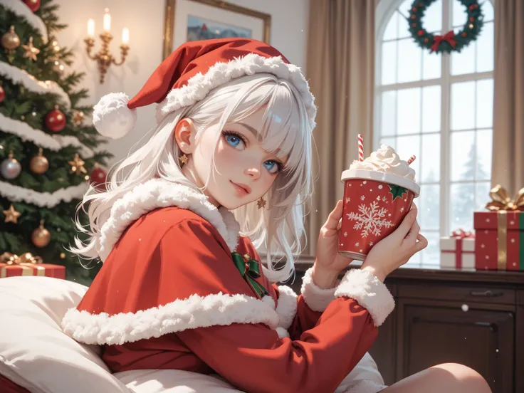 Young woman blue eyes white hair Santa costume