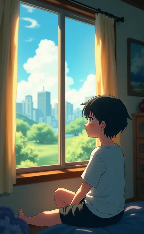 The main character of the anime Dumb House is watching the scenery by the window