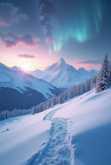 (8k, top quality, Masterpiece , Final Fantasy Style: 1.2),Atmospheric perspective, 8k, Very detailed, Accurate, Highest quality, masterpiece, Very detailed,Sharp focus, High resolution,Ski slopes in the Alps, A slope where fresh snow has fallen and piled u...